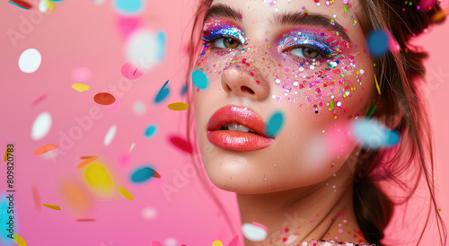 beautiful woman with colorful makeup and glitter on her face, confetti flying around, wearing polka dot , pink background