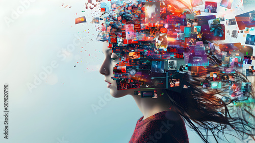 powerful visual metaphor of social media addiction, with a young woman's head bursting open from the pressure of excessive information.information illustrated by a young woman's brain exploding .