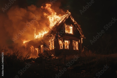 A burning house in the night.