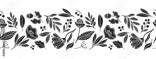 Authentic monochrome border featuring rural-style outlines of lawn wildflowers, symbolizing the blossoming of life. Abstract vector pattern celebrates the simplicity and romance of nature contours.