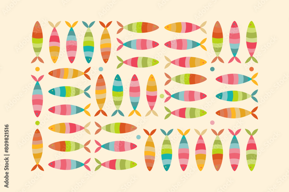 A striking geometric vector poster featuring a shoal of small fish silhouettes in vibrant, jelly inspired colors. Neutral beige background and strict composition creates a visually appealing design. A striking geometric vector poster featuring a shoal of small fish silhouettes in vibrant, jelly inspired colors. Neutral beige background and strict composition creates a visually appealing design.