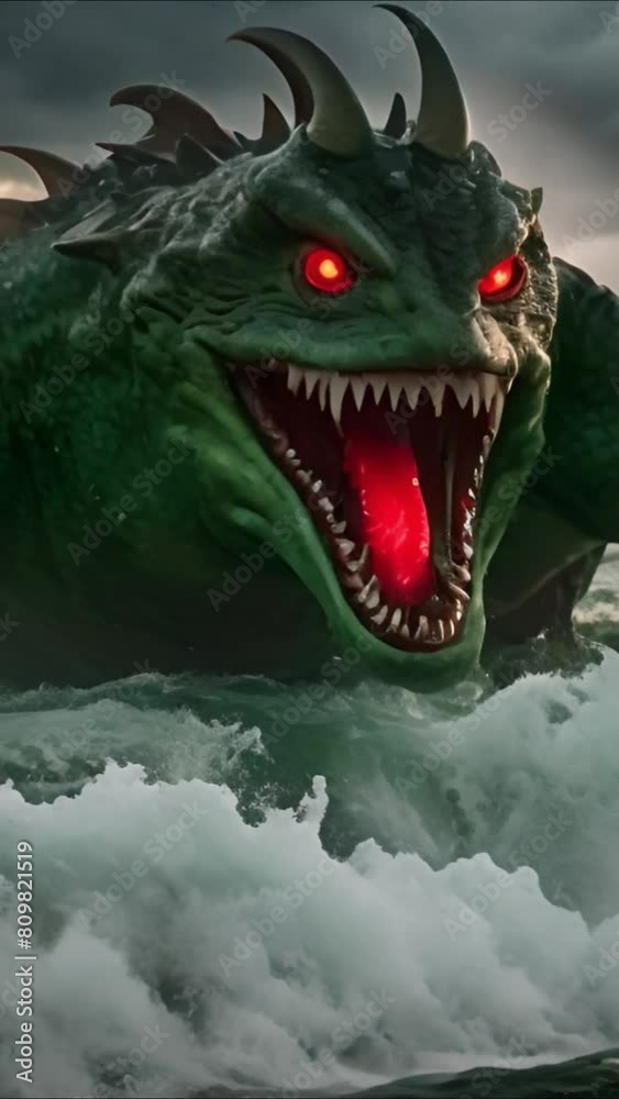 A large green monster with red eyes comes out of the water onto the shore. Created with Generative AI tools A large green monster with red eyes comes out of the water onto the shore. Created with Generative AI tools