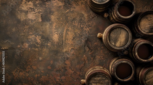 Product placement surrounded by rustic wooden barrels, captured in an overhead shot with soft natural lighting, against an earthy brown background photo