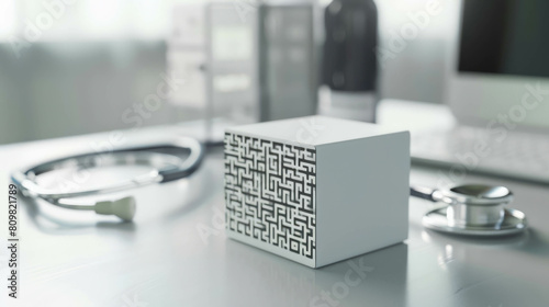 A white box featuring a 2D matrix code, embodying digital information encoding. AI generative techniques revolutionize barcode creation. photo