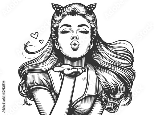 pin-up girl playfully blowing air kiss, perfect for romantic themes sketch engraving generative ai fictional character vector illustration. Scratch board imitation. Black and white image.