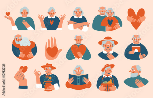 Day of Older Persons. Big set of older men and women, who holding heart, flowers, basket, book, couple of grandfather and grandmother, who hugging. Cute portraits. Hobby and leisure for pensioners. © renberrry