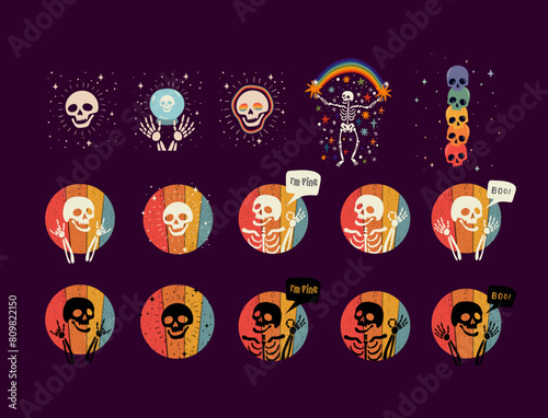 Vivid and cheerful skeleton vector clipart featuring joyful skeletons celebrating with rainbow colors, greeting, gesturing. Playful and spooky fun it adds warm touch to Halloween designs and prints.