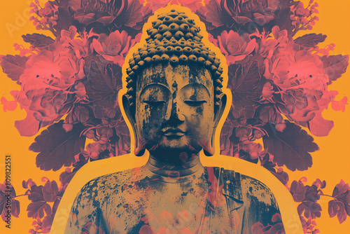 Illustration of a Buddha statue, concept of Buddhism, spiritual balance, mental practices and tranquility, Asian tradition culture, banner, poster, Buddha Purnima concept photo