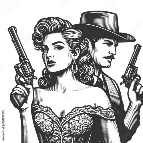 Noir-inspired woman holding revolver alongside stoic detective capturing classic crime drama scene engraving generative ai fictional character vector illustration. Black and white image.