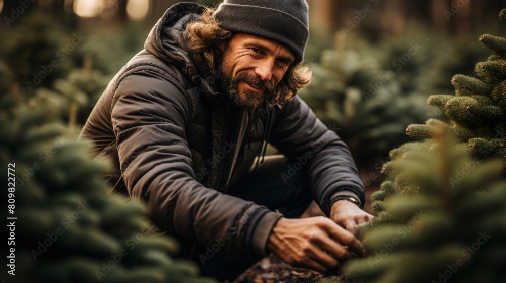 Man Pruning an Organically Grown Christmas Tree in a Tree Farm Man Pruning an Organically Grown Christmas Tree in a Tree Farm