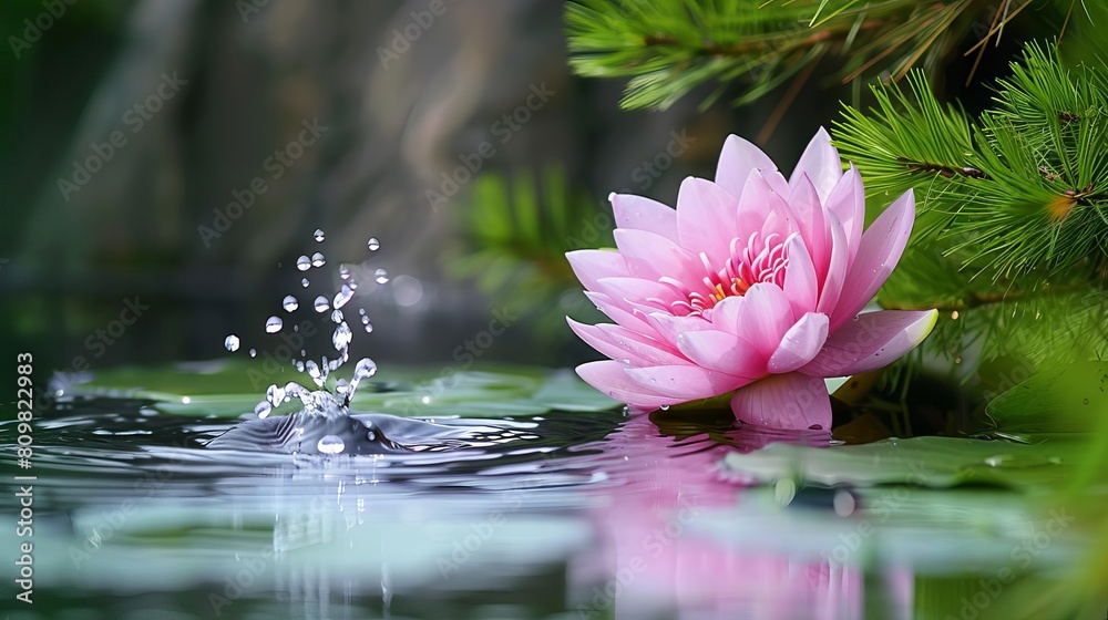 A pink water lily falling onto the surface of a tranquil pond, creating a gentle splash, framed by summer greenery A pink water lily falling onto the surface of a tranquil pond, creating a gentle splash, framed by summer greenery