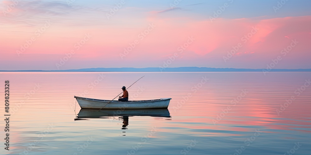 Minimalist Twilight: Silhouette of Man in Boat on Quiet Waters