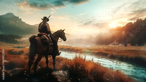 Wild West Symphony: A Cowboy's Serene Ride with a Breathtaking River View. Seamless looping time-lapse virtual 4k video animation background photo