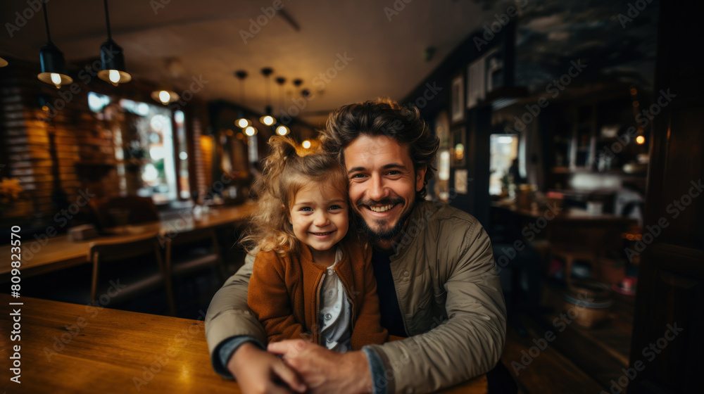 Joyful Father and Daughter Sharing a Warm Embrace in a Cozy Cafe Joyful Father and Daughter Sharing a Warm Embrace in a Cozy Cafe