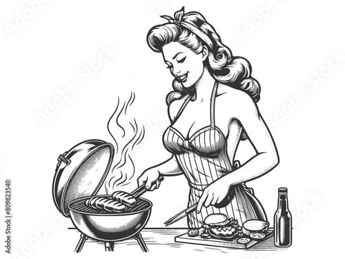 Pin-up girl woman cooking on barbecue bbq grill sketch engraving generative ai fictional character vector illustration. Scratch board imitation. Black and white image.