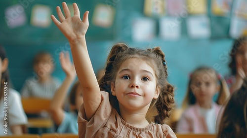 International education day concept. Interactive classroom education. Students raise their hands to answer questions during class at school. Primary school students asking questions in class