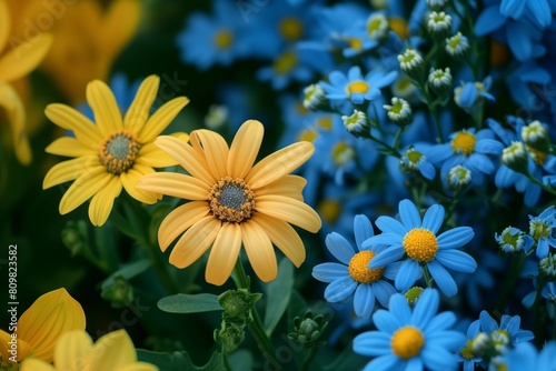 Daisy flowers  showcasing mix of bright blue yellow petals with detailed yellow centers. Cheerful  colorful image captures essence of spring  joy  ideal for themes of nature  growth  floral beauty