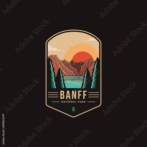 Emblem patch logo illustration of Banff National park on dark background