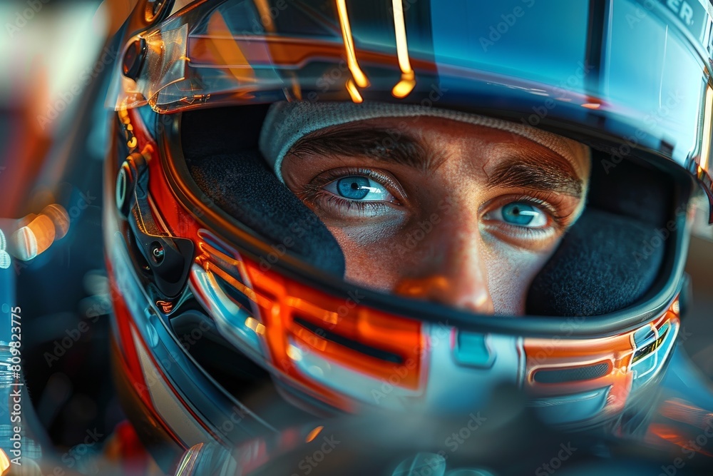 The image captures the vibrance of motorsport with a racing helmet surrounded by dynamic colorful reflections The image captures the vibrance of motorsport with a racing helmet surrounded by dynamic colorful reflections