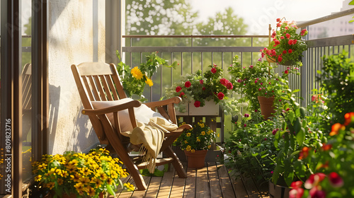 Sunny balcony retreat with lush flowers and a relaxing wooden chair photo