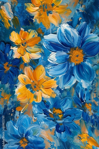 Painting of vibrant blue flowers with yellow centers  dynamic abstract background in shades of blue  bursts of yellow. Artwork conveys sense of movement  liveliness  decor  artistic flair