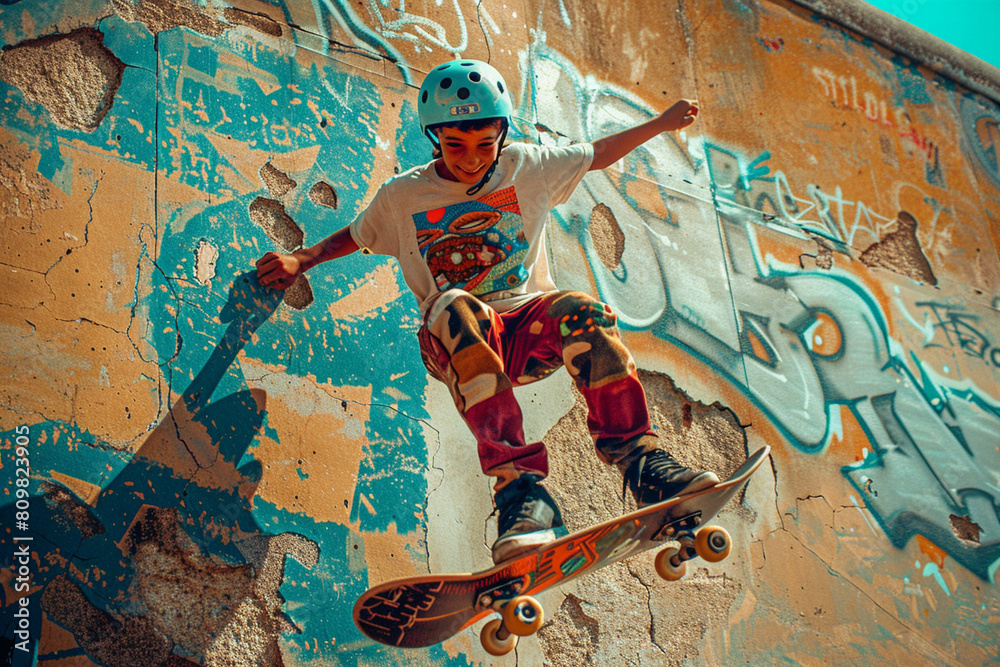 Fototapeta premium Skateboarder Performing a Trick Against Graffiti Wall