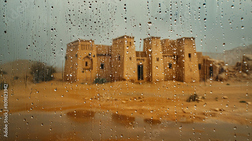 A distant view through a rainy window, with raindrops obscuring and distorting the image of a sandstone house.