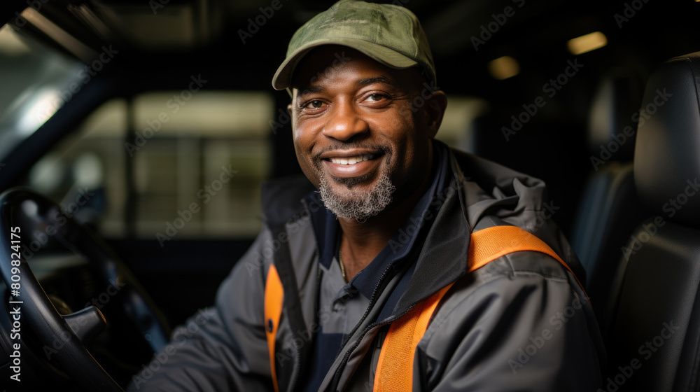 Confident African American Truck Driver Smiling in Vehicle