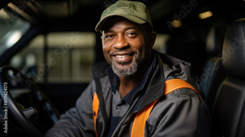 Confident African American Truck Driver Smiling in Vehicle © AS Photo Family