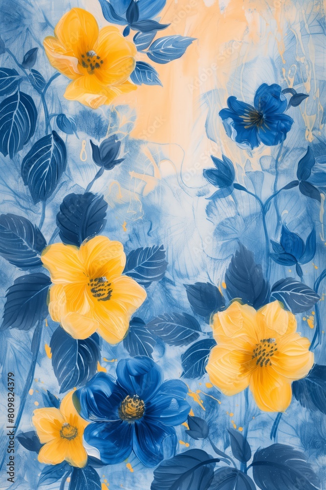 Artistic floral design featuring large blue yellow flowers with detailed petal textures against deep blue background. Pattern design, wallpaper, creative project needing burst of color, elegance Artistic floral design featuring large blue yellow flowers with detailed petal textures against deep blue background. Pattern design, wallpaper, creative project needing burst of color, elegance