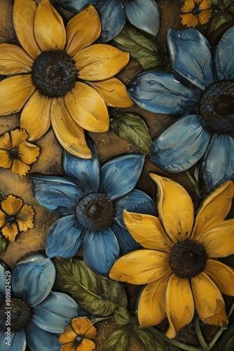 Painting showcases richly textured floral arrangement in vibrant blue, golden yellow, set against dark, moody background. Detailed petal textures, shadows create lifelike, three-dimensional appearance