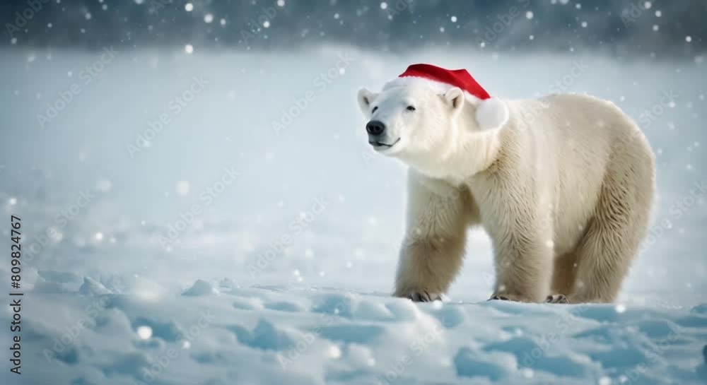 christmas polar bear wearing santa hat in the snow