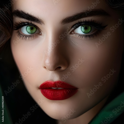 monochromatic close up fashion portrait with vibrant lips and eyes
