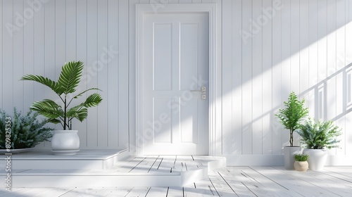 Main entrance door. White front door with landing in minimalist style home cottage house