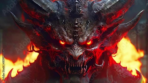 Dark horned demon with glowing red eyes in a fire-lit backdrop. Hellish creature in a hell. Concept of Halloween, mythical beings, dark fantasy art. Motion photo