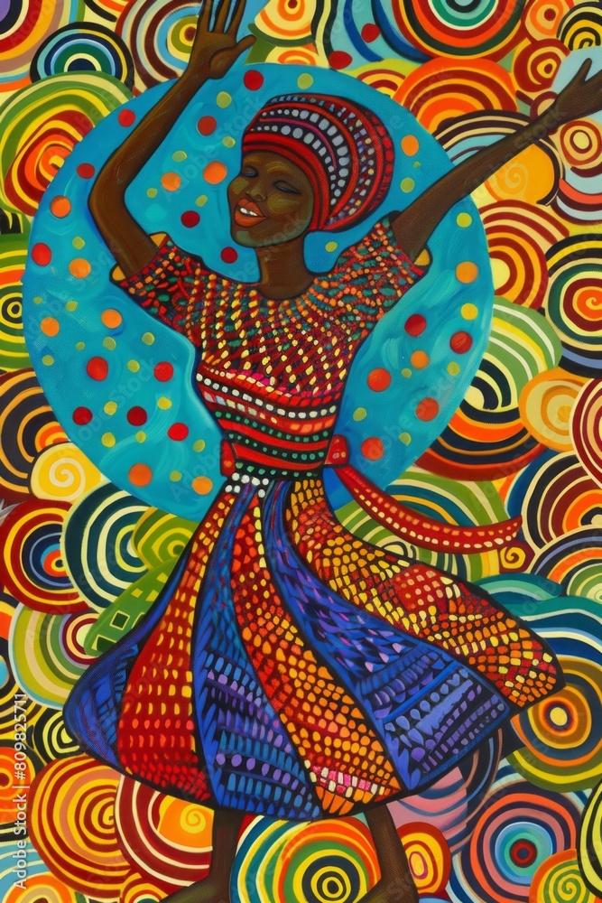 Obraz premium African Young Woman Dancing in Vibrant Colorful Oil Painting