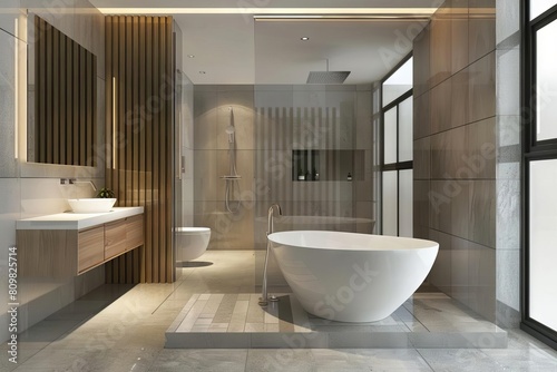 luxurious modern bathroom with wallhung toilet reeded glass partition and bathtub on granite tiles 3d render