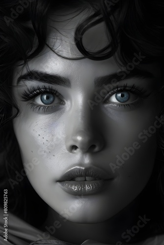 monochromatic close up fashion portrait with vibrant lips and eyes