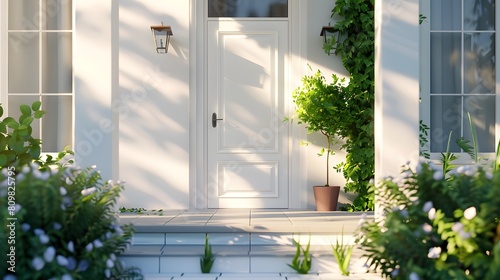 Main entrance door. White front door with landing in minimalist style home cottage house