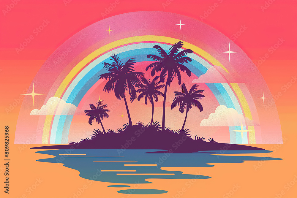 Beach Palms Sea & Rainbow Island, Summer Vacation Silhouette Illustration