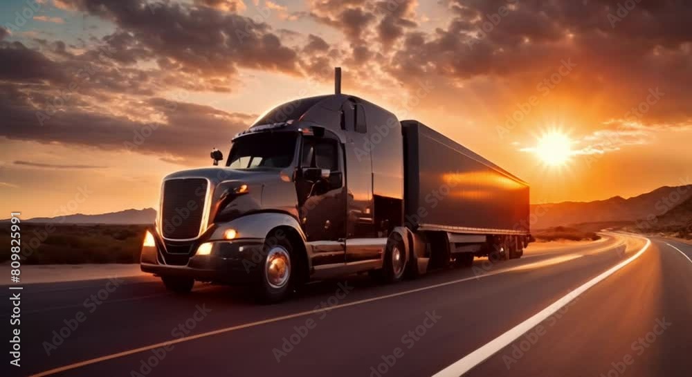 semi truck on desert highway at sunset