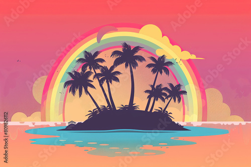 Beach Palms Sea   Rainbow Island  Summer Vacation Silhouette Illustration