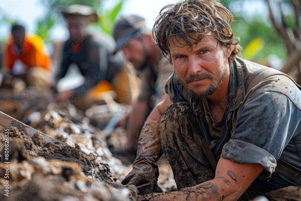 A close-up shot of a dirty worker in focus with others working in the background, conveying hard work and teamwork A close-up shot of a dirty worker in focus with others working in the background, conveying hard work and teamwork