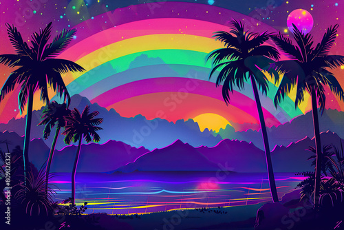 Sunset Beach Palms Ocean   Rainbow Island  Summer Vacation Illustration