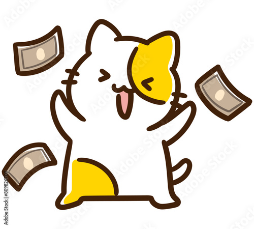 お金をばら撒くかわいいお金持ちねこのキャラクターのデフォルメイラスト