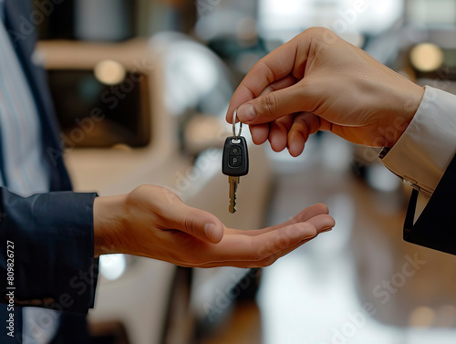 The customer comes to pick up the car from the salesman in the showroom.