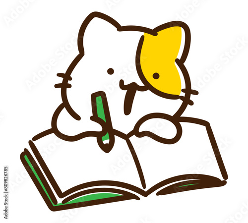 楽しみながらノートを書くかわいいねこのキャラクターのデフォルメイラスト