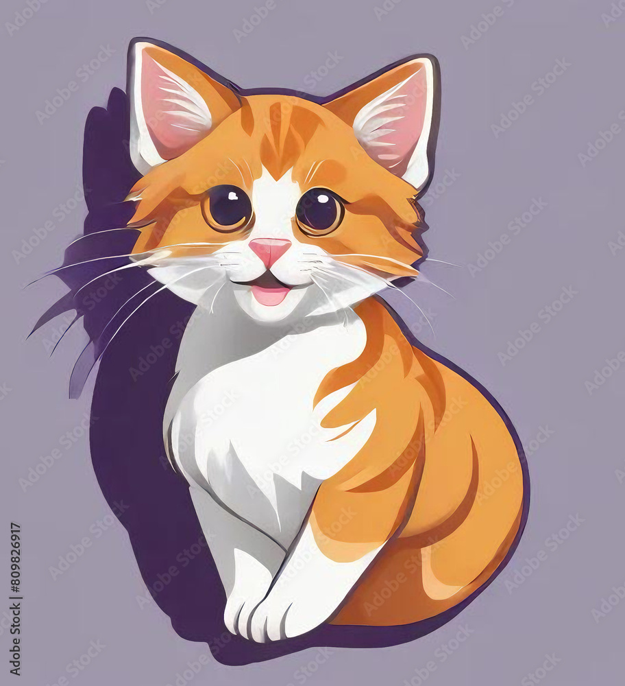 Fototapeta premium The image features a cartoon-style depiction of an orange and white cat with striking blue eyes. The cat has a fluffy coat, long whiskers, and is sitting upright on its hind legs. It appears to be loo