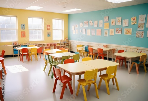 A school classroom with colorful chairs and tables for children