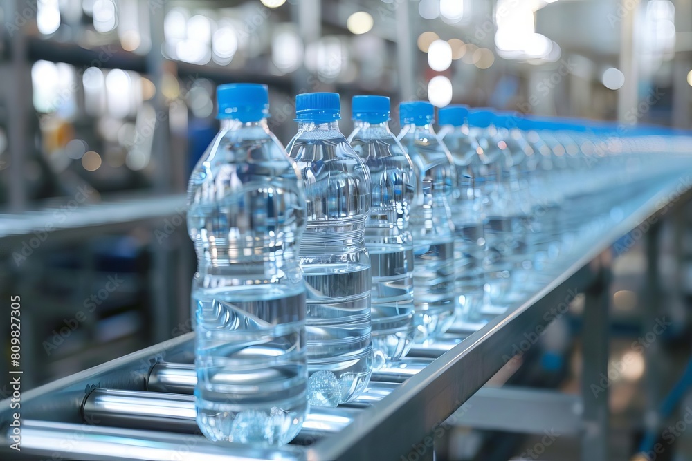 precision purity clear water bottles on conveyor belt in modern bottling plant hygienic production line focus precision purity clear water bottles on conveyor belt in modern bottling plant hygienic production line focus